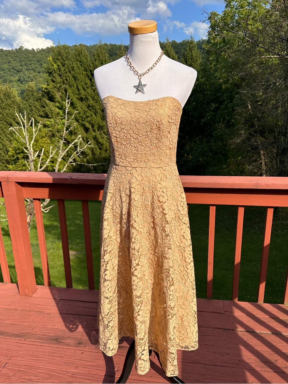 Lilly Pulitzer Aubrianna Strapless Midi
Dress - Gold Metallic Lace